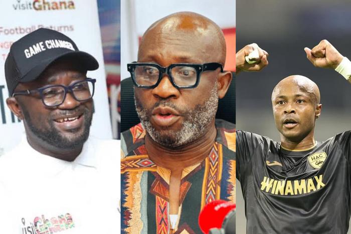 GFA president Kurt Okraku (left), Former Ghana Football Association (GFA) vice-president George Afriyie (middle) and Dede Ayew (right)