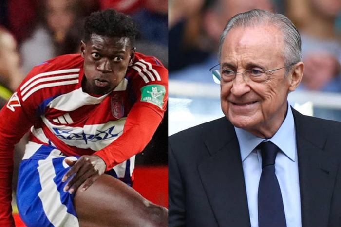 Ghanaian defender Oscar Naasei Oppong (left) and Real Madrid president Florentino Perez