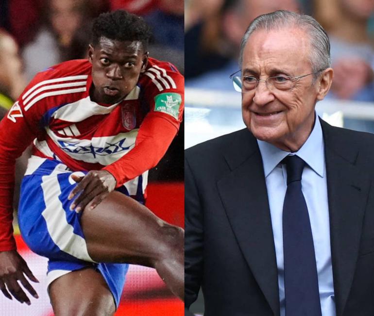 Ghanaian defender Oscar Naasei Oppong (left) and Real Madrid president Florentino Perez