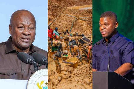 Pres. Mahama (left), a mining activity (middle) and CEO of GoldBod, Sammy Gyamfi (right)
