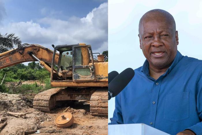 An excavator (left) and Pres. John Mahama