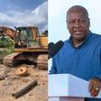 An excavator (left) and Pres. John Mahama