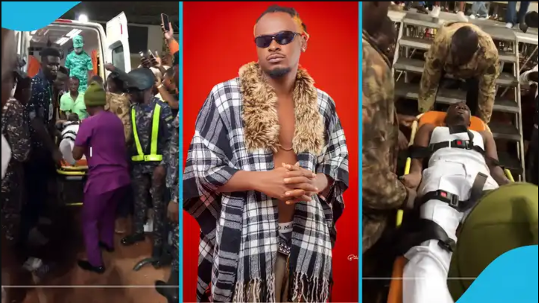 Ghanaian musician causes stir after arriving on stage on a stretcher from an ambulance