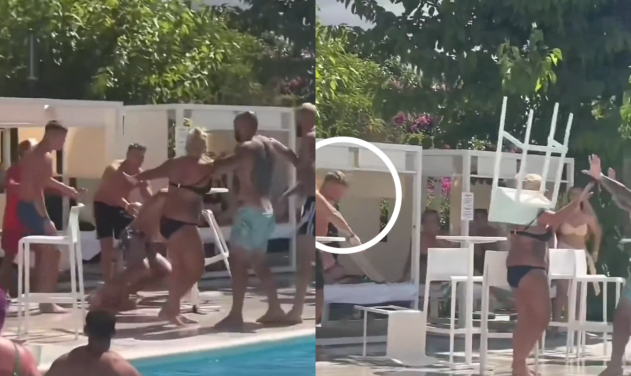 Footballer hits woman with chair into pool during heated fight (Video)