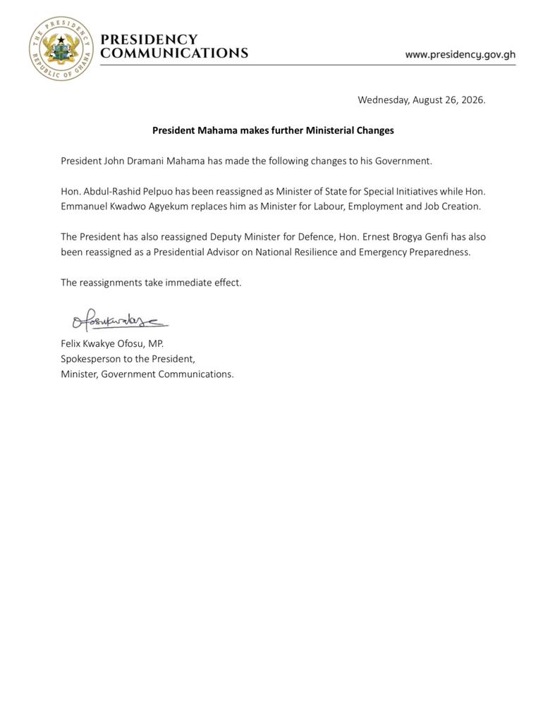 Rashid Pelpuo, Brogya Genfi reassigned in latest ministerial reshuffle