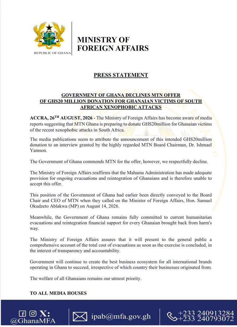 Ghana declines MTN’s GH¢20m support offer for South Africa attack victims