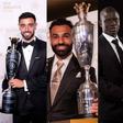 Bruno Fernandes (left), Mohamed Salah (middle) and N’Golo Kanté (right) with their PFA awards