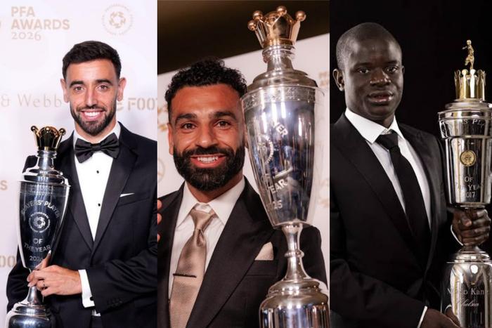Bruno Fernandes (left), Mohamed Salah (middle) and N’Golo Kanté (right) with their PFA awards