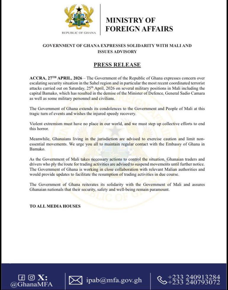 Government of Ghana statement mourning with Mali after terrorist attack kills Defense minister, other top military officers