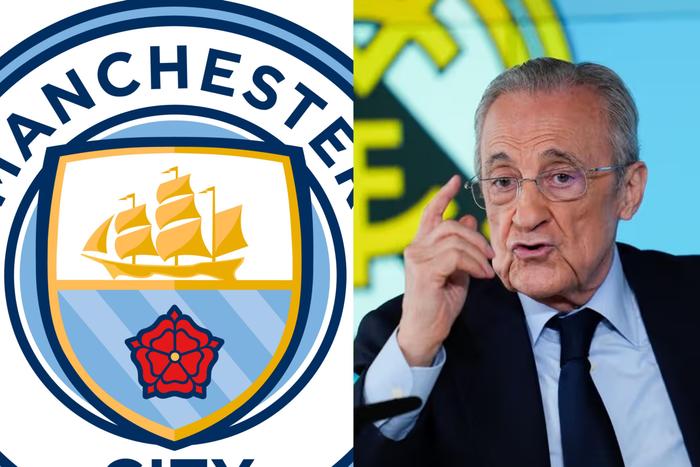 Manchester City logo and Real Madrid President, Florentino Perez