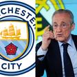 Manchester City logo and Real Madrid President, Florentino Perez