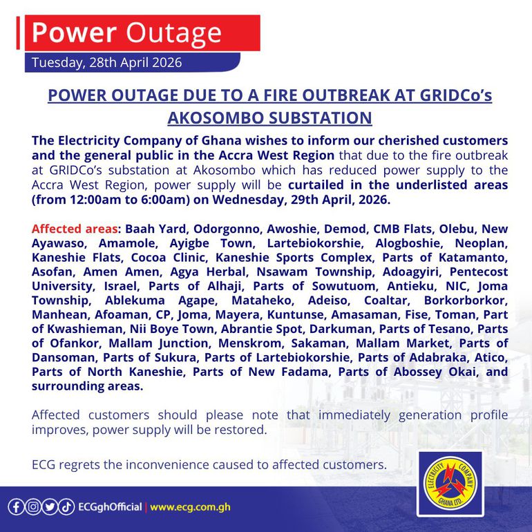 Sowutuom, Dansoman, Kaneshie and 57 other areas in Accra to be hit with power outages on April 29