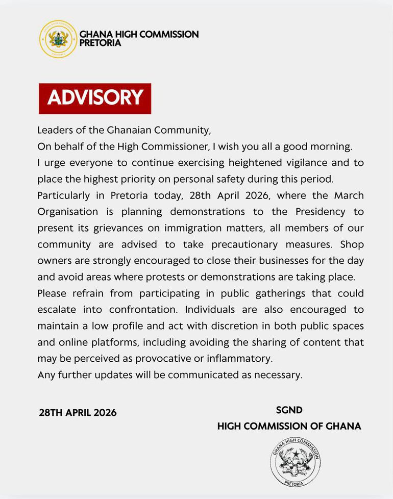 The Ghana High Commission in Pretoria's statement directing Ghanaian shop owners to close their businesses on April 28, 2026.