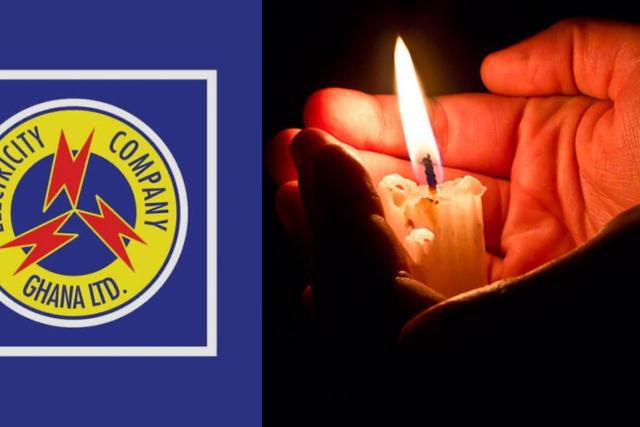 An image of the official logo of the Electricity Company of Ghana and an image of a candle and a hand in the darkness depicting dumsor