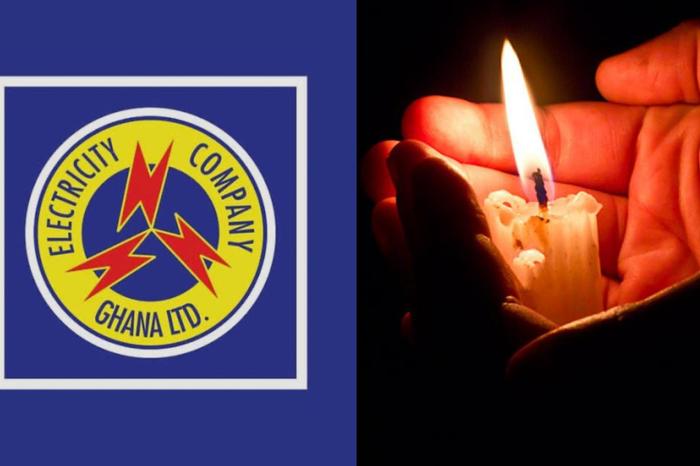 An image of the official logo of the Electricity Company of Ghana and an image of a candle and a hand in the darkness depicting dumsor