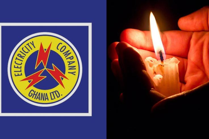 An image of the official logo of the Electricity Company of Ghana and an image of a candle and a hand in the darkness depicting dumsor