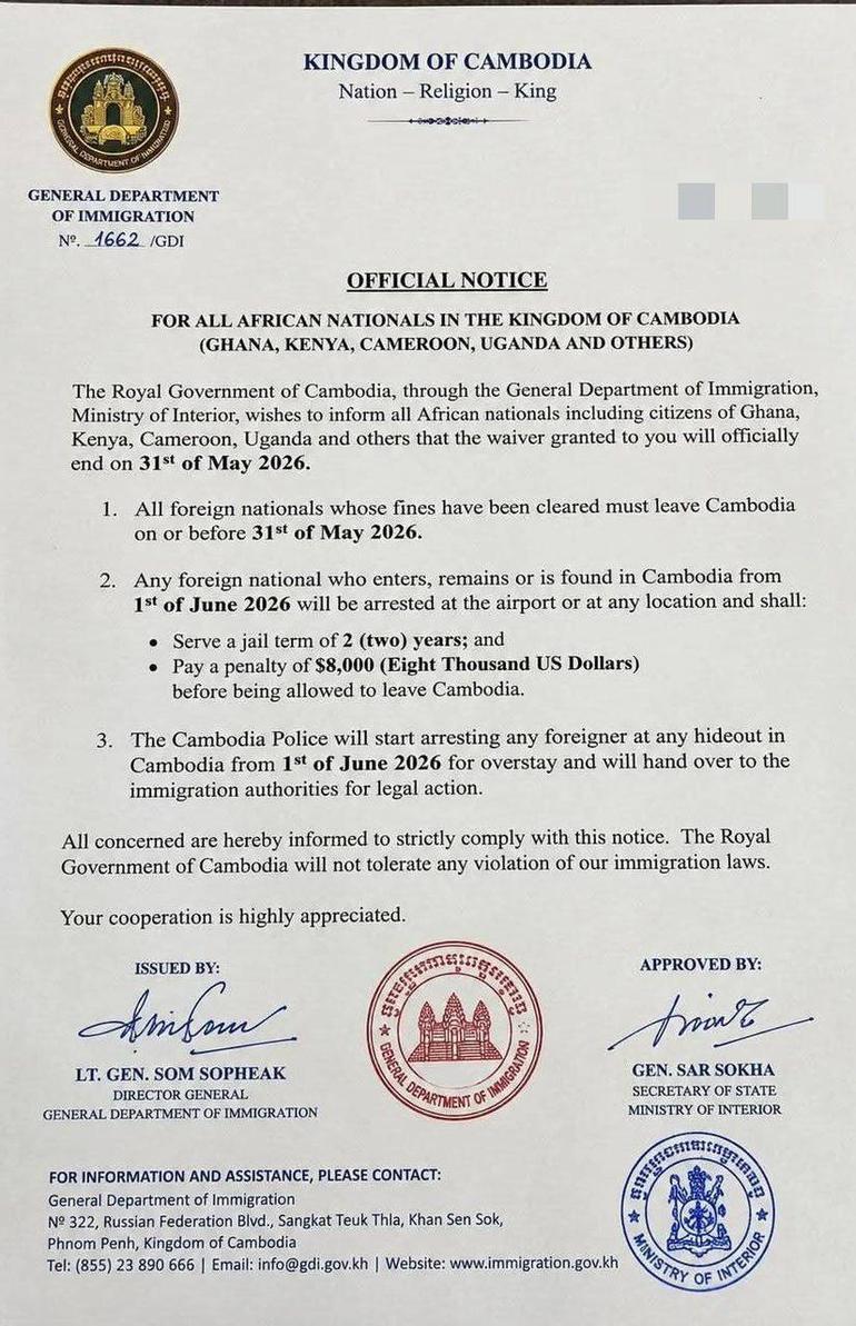 an official notice issued by Cambodia’s General Department of Immigration under the Ministry of Interior.