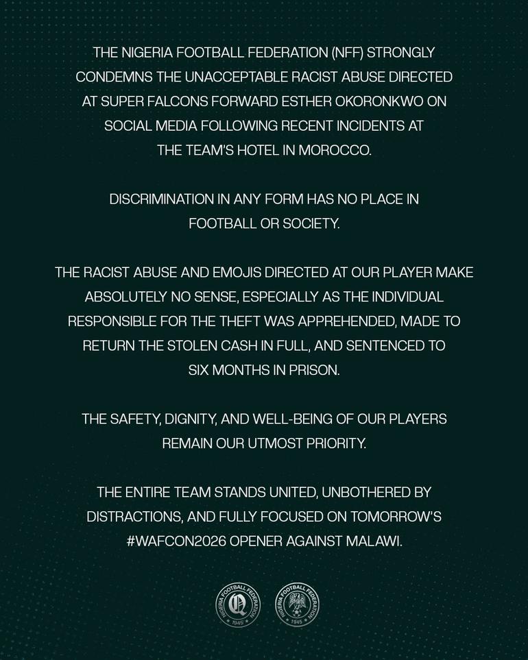 NFF statement condemning racist attack on Esther Okoronkwo