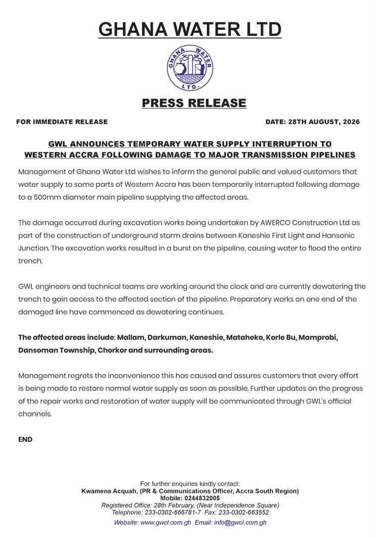 Water supply cut in parts of Accra West after pipeline damage: See affected areas