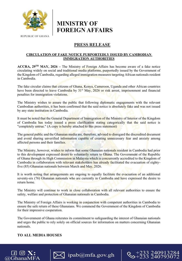 In a statement issued on Friday, May 29, 2026, the Ministry said the evacuation exercise is being coordinated through Ghana’s High Commission in Malaysia.