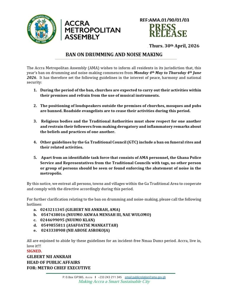 The Accra Metropolitan Assembly (AMA) statement announcing that the annual ban on drumming and noise-making will take effect from Monday, 4 May to Thursday, 4 June 2026.