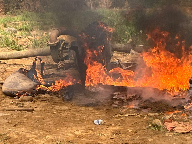 Sany excavator burnt by the National Anti-Illegal Mining Operations Secretariat (NAIMOS) task force.