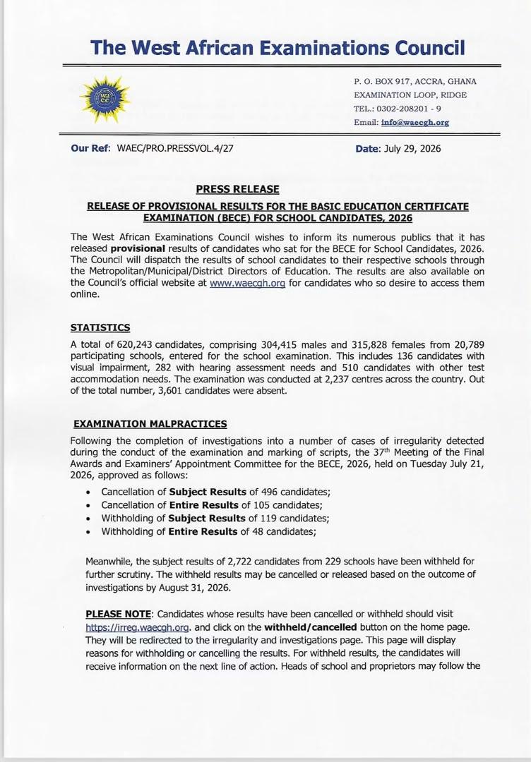 In a press release dated 29th July, 2026, WAEC announced that the results have begun reaching schools nationwide