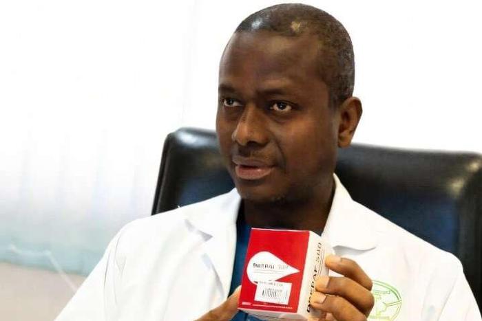 Dr. Mouhamadou Sow, CEO of Teranga Pharma, which produces Drepaf, a generic drug for children and adults treating sickle cell disease, in Mbao, a suburb of Dakar