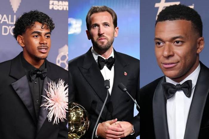 Lamine Yamal (left), Harry Kane (middle) and Kylian Mbappe (right)