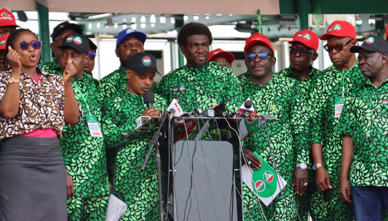 NLC President Joe Ajaero delivering the Workers' Day address to labor unions at a rally in Nigeria.