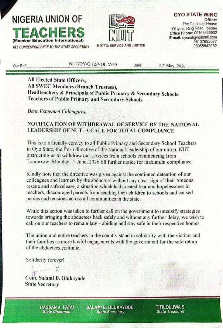 Official press statement by Nigeria Union of Teachers Oyo State Wing declaring an indefinite strike from Monday June 1 2026.