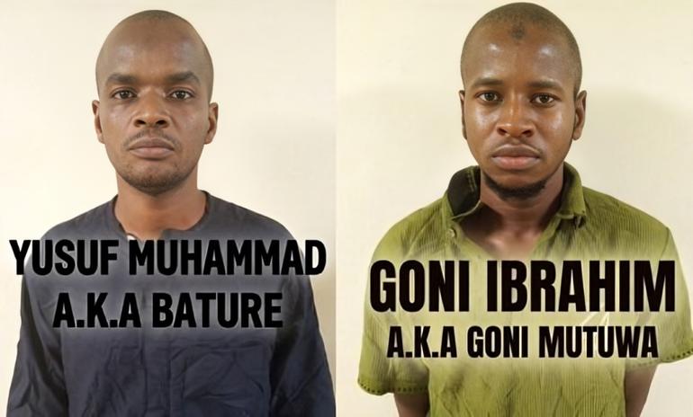 Yusuf Muhammad alias Bature and Goni Ibrahim alias Goni Mutuwa arrested by DSS for weapon smuggling.