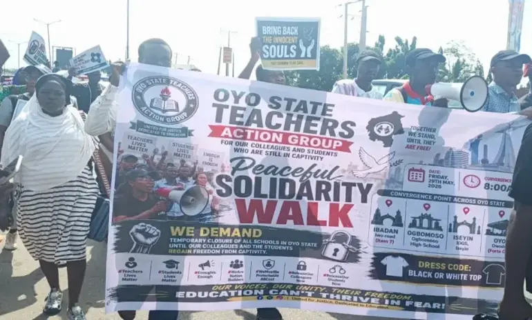 Oyo State Teachers Action Group marching during a peaceful solidarity walk over kidnapped students and teachers.