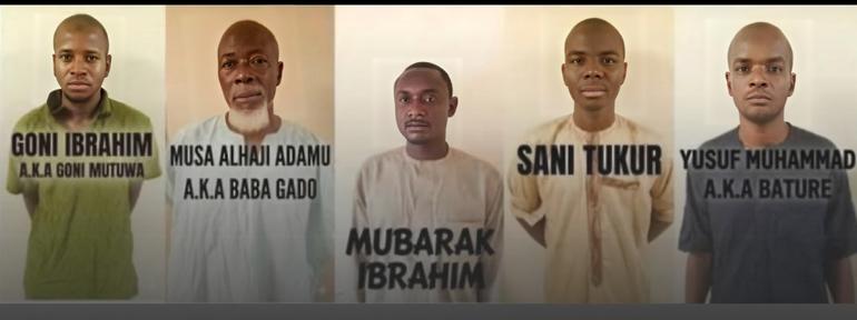 Mugshots of five suspects arrested by DSS including Yusuf Muhammad Bature and Goni Ibrahim, for arms smuggling in Nigeria.