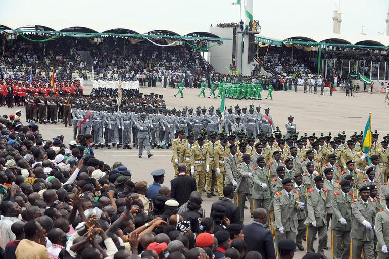 Military and paramilitary personnel march during Nigeria's 50th Independence anniversary celebration at Eagle Square, Abuja, on October 1, 2010.