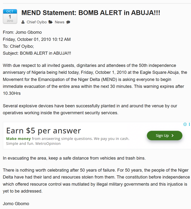 Screenshot of the email journalists received from Jomo Gbomo warning of the impending bomb attack on October 1, 2010. SOURCE: OYINBO ONLINE