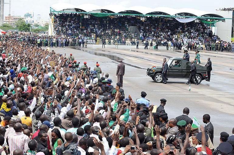 President Goodluck Jonathan inspects the parade during Nigeria's 50th Independence anniversary celebrations at Eagle Square, Abuja, on October 1, 2010.