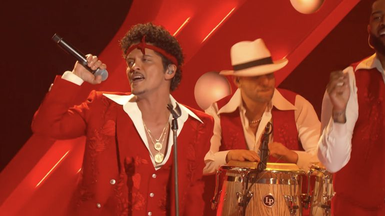 Bruno Mars performing at the 68th Grammy Awards