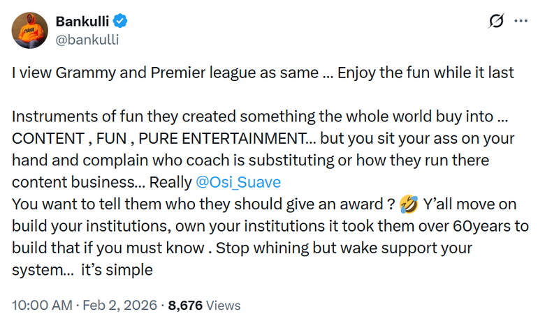 Bankulli speaks on the Grammy being an American organisation