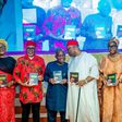 R-L: Sen. Austin Akobundu, Senate President Godswill Akpabio and his wife, Mrs. Unoma Akpabio, Gov. Alex Otti of Abia, Senator Enyinnaya Abaribe and his wife, Mrs. Flora Abaribe, at Abaribe’s 70th birthday celebration.