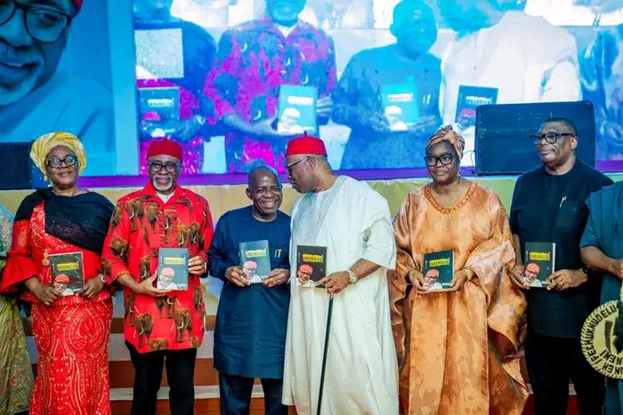 R-L: Sen. Austin Akobundu, Senate President Godswill Akpabio and his wife, Mrs. Unoma Akpabio, Gov. Alex Otti of Abia, Senator Enyinnaya Abaribe and his wife, Mrs. Flora Abaribe, at Abaribe’s 70th birthday celebration.