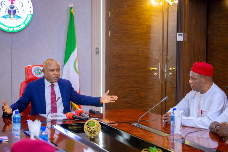 Enugu State Governor Peter Mbah welcomes Chijioke Edeoga, former Labour Party (LP) gubernatorial candidate in the state, to the PDP.