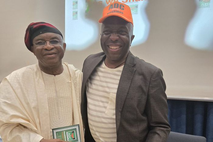 R-L: Ralph Nwosu, founder and pioneer Chairman of the African Democratic Congress (ADC) and new ADC Natioal Chairman, David Mark.