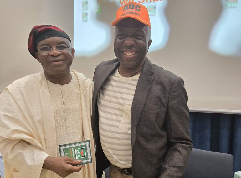 R-L: Ralph Nwosu, founder and pioneer Chairman of the African Democratic Congress (ADC) and new ADC Natioal Chairman, David Mark.