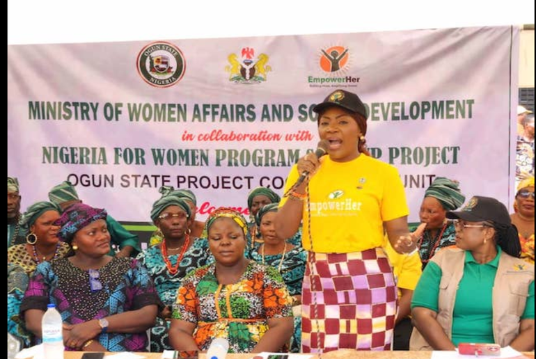 The Commissioner for Women Affairs and Social Development, Hon Adijat Adeleye addressing Ogun women during the unveiling of the second phase of Nigeria for Women Project Scale-Up (NFWP-SU) initiative. Photo credit: Bankole Taiwo for Punch Newspapers.