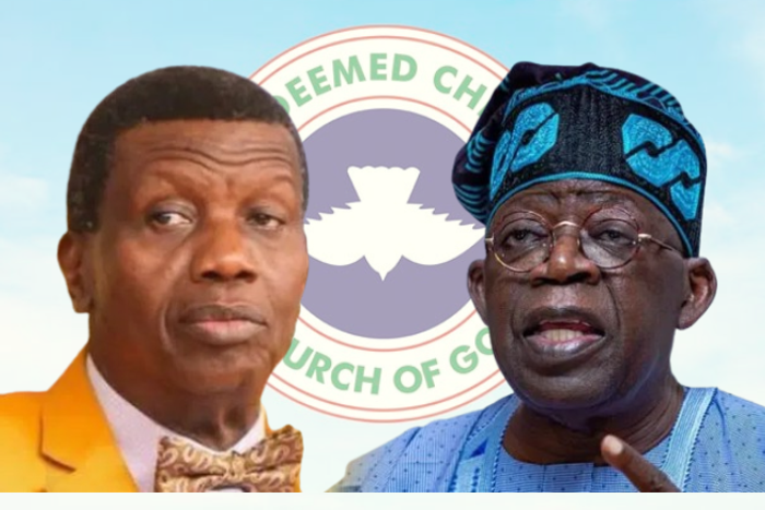 A side-by-side photo collage featuring RCCG General Overseer Pastor Enoch Adeboye on the left and Nigerian President Bola Ahmed Tinubu on the right, with the Redeemed Christian Church of God logo blurred in the background.