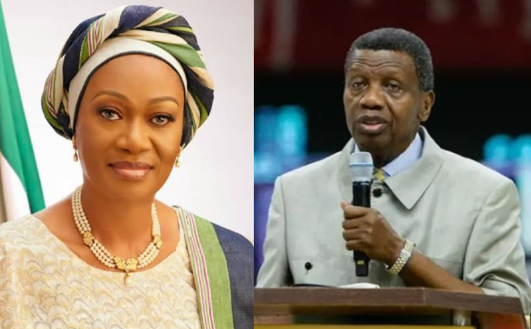 A split-screen image showing Nigeria's First Lady, Senator Oluremi Tinubu, in traditional attire on the left, and Pastor Enoch Adeboye speaking into a microphone on the right.