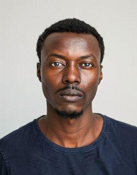 A man having a passport photograph taken against a white background.