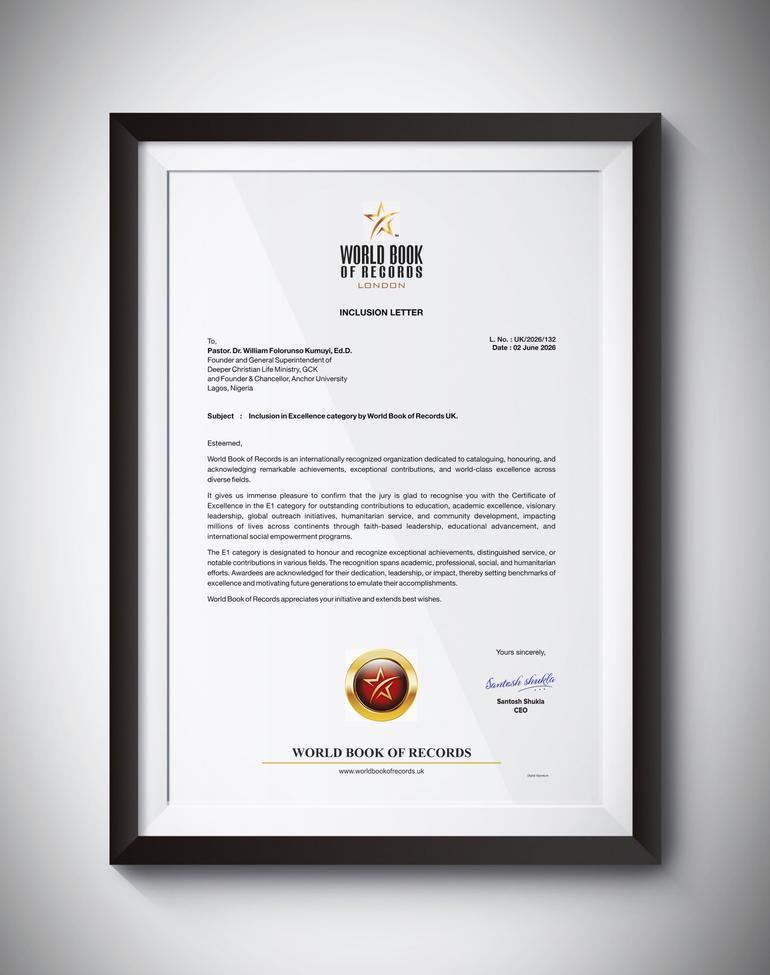 Inclusion letter received by Pastor Kumuyi