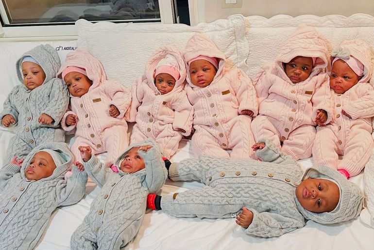Nine newborn babies, the Cisse nonuplets, lying in a row wearing pink and grey hooded rompers.